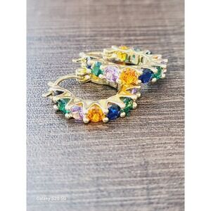 Rainbow Gemstone Huggie Hoop Earrings Gold Tone Multicolor Round Cut Stones